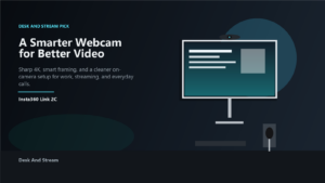 Minimal editorial featured image for an Insta360 Link 2C webcam review with clean monitor and webcam setup